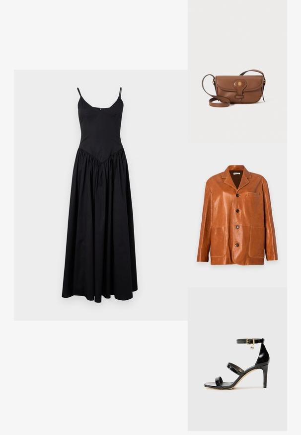 Hnědá kožená bunda s klopovým límcem, předními knoflíky, dvěma velkými náprsními kapsami a malou kapsičkou na hrudi. Hladká textura s jemným leskem.; Černé maxi šaty s tenkými ramínky, přiléhavým živůtkem a nařasenou sukní. Vyrobené z lehkého materiálu s hladkou texturou a jemným leskem.; Černé lakované kožené sandály se třemi pásky, sponou na kotníku a 10 cm jehlovým podpatkem. Obsahují zlaté kovové detaily a logo přívěsek.; Hnědá kožená crossbody taška s zakulaceným klopou, zlatými kovovými prvky a dekorativním logem. Popruh je nastavitelný a má hladkou texturu.