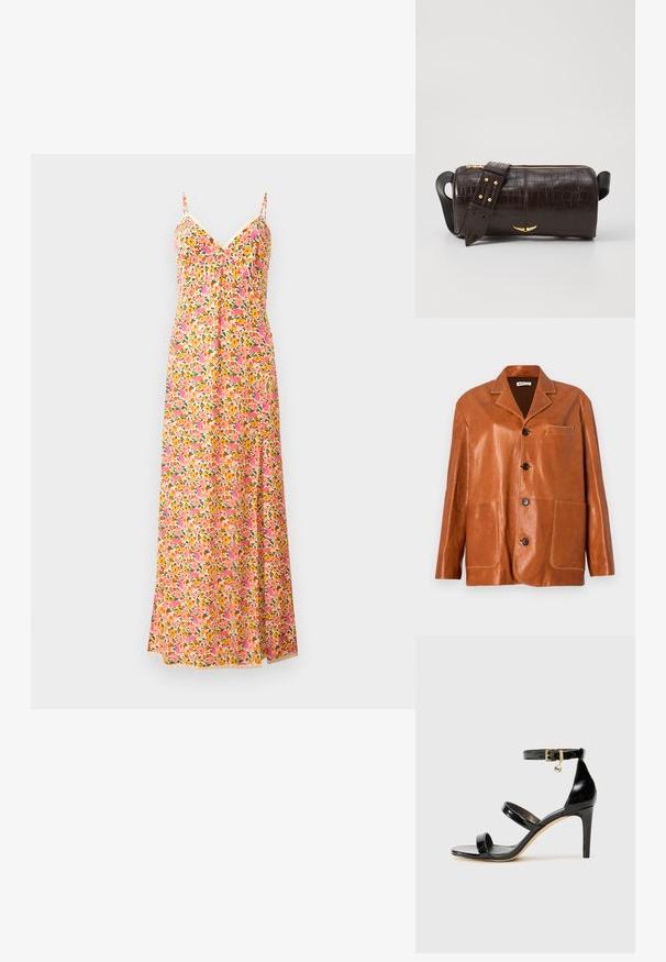 Hnědá kožená bunda s klopovým límcem, předními knoflíky, dvěma velkými náprsními kapsami a malou kapsičkou na hrudi. Hladká textura s jemným leskem.; Květované maxi šaty s tenkými ramínky, s růžovým, oranžovým a zeleným vzorem. Lehká látka s volným střihem a výstřihem do V.; Černé lakované kožené sandály se třemi pásky, sponou na kotníku a 10 cm jehlovým podpatkem. Obsahují zlaté kovové detaily a logo přívěsek.; Hnědá kabelka z krokodýlí kůže s embosováním, cylindrického tvaru, se zlacenými kovovými prvky a odnímatelným popruhem se hroty.