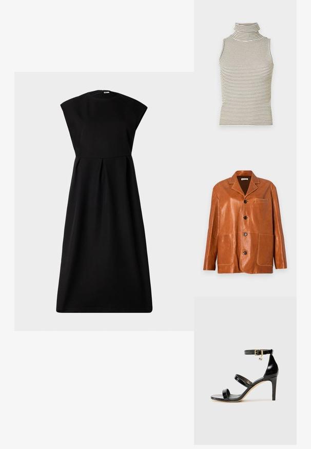 Brązowa skórzana kurtka z kołnierzem typu notch, z guzikami z przodu, dwoma dużymi kieszeniami naszytymi oraz małą kieszonką na piersi. Gładka faktura z delikatnym blaskiem.; Bally - Sukienka koktajlowa; Bez rękawów top w golf z pionowymi czarno-białymi paskami, wykonany z teksturowanej dzianiny, z wysokim, dopasowanym kołnierzem.; Czarne lakierowane sandały na paski z trzema paskami, zapięciem na kostce i 10-centymetrowym obcasem w szpilce. Zawierają złote detale oraz zawieszkę z logo.