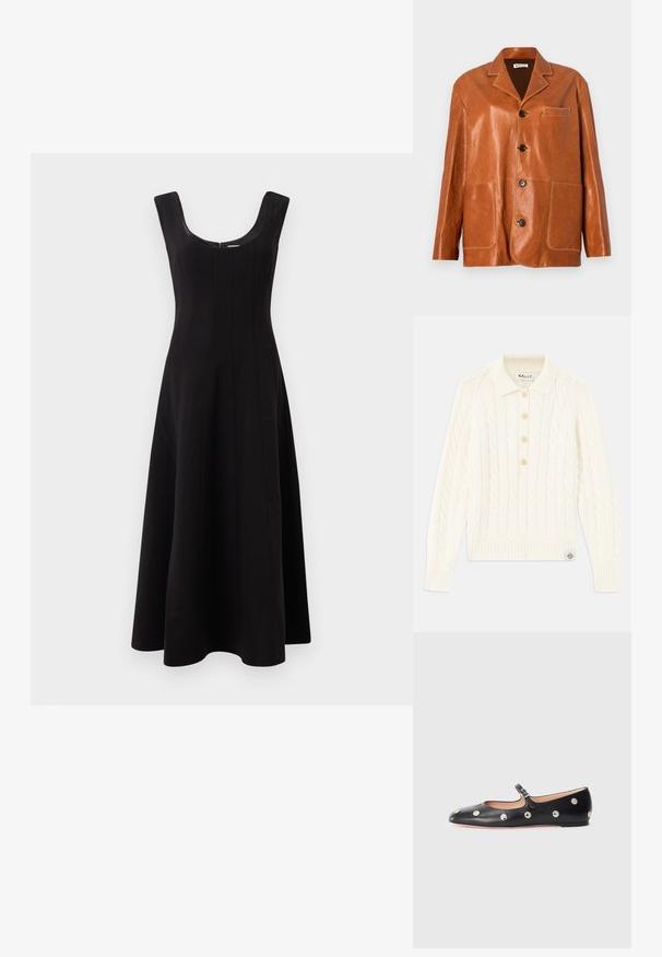 Ruskea nahkatakki, jossa on lovellinen kaulus, etupainikkeet, kaksi suurta läppätaskua ja pieni rintatasku. Rauhallinen tekstuuri, jossa on hienovarainen kiilto.; Kermanvärinen neulepaita, jossa on kaulusta muistuttava pääntie, neljän napin lista, ribbireunat ja pieni logo-patch helman kohdalla.; Hihaton poolopaita, jossa on pystysuorat mustat ja valkoiset raidat, valmistettu teksturoidusta neulekankaasta, ja siinä on korkea, tiukka kaulus.; Musta mekko, jossa on pyöreä kaula-aukko, olkaimeton muotoilu ja liehuva A-linjainen siluetti. Mukana pystysuorat sauman yksityiskohdat rakenteen vuoksi.; Musta nahkainen Mary Jane -tyylinen tasapohjakenkä, jossa on pyöreä varvas. Kenkässä on hopeisia pyöreitä niittejä ja säätöremmi, jossa on solki.; Ruskea nahkainen olkalaukku, jossa on kaareva kansi, kultaiset yksityiskohdat ja koristeellinen logo. Hihna on säädettävä ja siinä on sileä pinta.