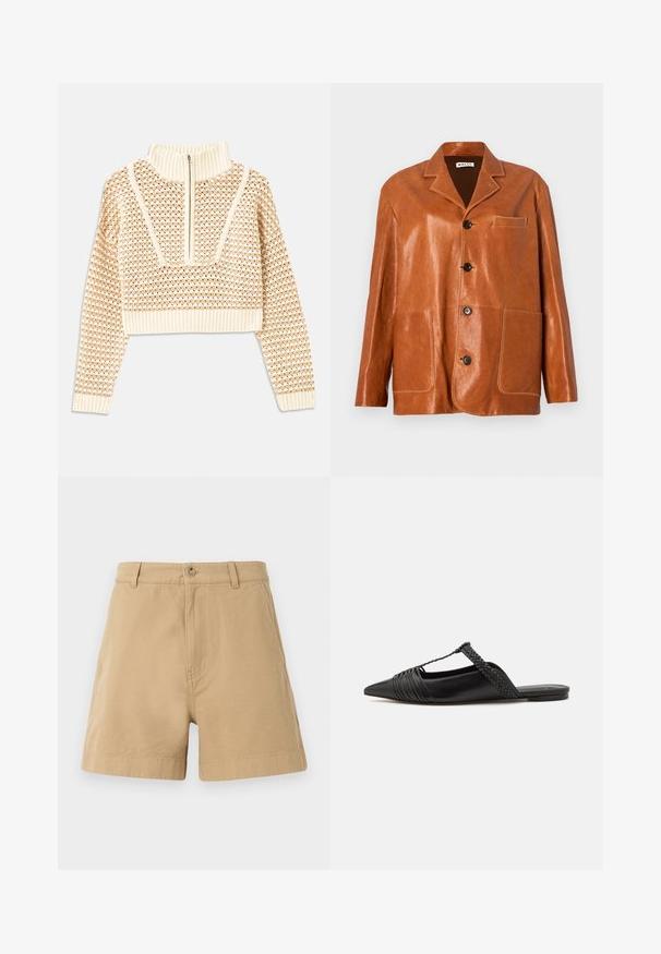 Brown leather jacket with a notched collar, front buttons, two large patch pockets, and a small chest pocket. Smooth texture with subtle shine.; Light beige cropped sweater with a zippered mock neck, featuring a textured pattern and ribbed cuffs and hem. Combines knit and woven materials.; Beige shorts made of cotton, featuring a classic design with a front button closure and belt loops. Smooth texture with side pockets.; Black leather slingback shoe with a pointed toe, featuring a woven accent and pleated upper design. Flat sole with minimal hardware.