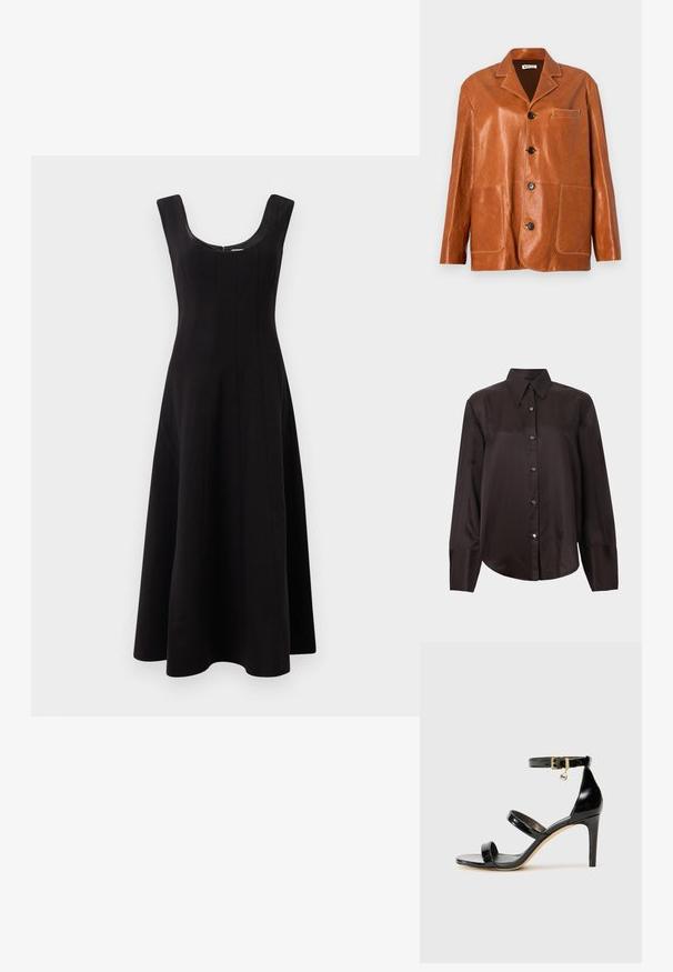 Brown leather jacket with a notched collar, front buttons, two large patch pockets, and a small chest pocket. Smooth texture with subtle shine.; Dark brown long-sleeve shirt made of smooth fabric, featuring a pointed collar, button front, and rounded hem. Silver buttons accent the front.; Black dress with a scoop neckline, sleeveless design, and a flared A-line silhouette. Features vertical seam detailing for structure.; Black patent leather sandal with three straps, ankle buckle, and 4-inch stiletto heel. Features gold hardware detail and logo charm.; Brown leather crossbody bag with a curved flap, gold hardware, and a decorative logo. The strap is adjustable and features a smooth texture.