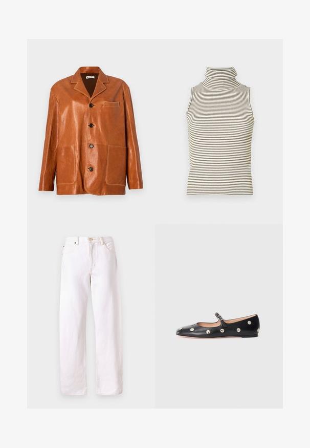 Rudas odinė striukė su įpjautu apykakliu, priekyje su mygtukais, dviem didelėm kišenėm ant šonų ir mažąja krūtinės kišene. Lygus paviršius su subtiliu blizgesiu.; Bele gydimo viršus be rankovių su vertikaliomis juodai baltomis juostomis, pagamintas iš tekstūruoto mezgimo audinio, turintis aukštą, prigludusią apykaklę.; Balti džinsai su laisvu kirpimu, tiesiomis kojomis, penkių kišenių dizainu ir mygtukų uždarymu. Yra matoma siuvinėjimo detalė ir minimalus aparatūra.; Juodų odinių Mary Jane plokščių batų su apvaliu pirštu, papuoštų sidabriniais apvaliais nagais ir reguliuojamu dirželiu su sagtimi.