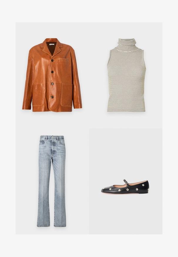 Brown leather jacket with a notched collar, front buttons, two large patch pockets, and a small chest pocket. Smooth texture with subtle shine.; Sleeveless turtleneck top with vertical black and white stripes, made of a textured knit fabric, featuring a high, snug collar.; Light blue denim jeans with a flared leg design, high waist, front pockets, and subtle fading. Standard button and zip closure.; Black leather Mary Jane flat shoe with a rounded toe, featuring silver circular studs and an adjustable strap with a buckle.
