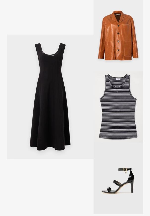 Barna bőrkabát, feltűnő gallérral, elülső gombokkal, két nagy felvarrt zsebbel és egy kis mellzsebbel. Sima textúrájú, enyhe fényű.; Fekete-fehér csíkos ujjatlan póló, puha anyagból készült, kerek nyakkivágással és egy kis logóval az elülső középső részen.; Fekete ruha tág nyakú kivágással, ujjatlan kialakítással és bővülő A-vonalú sziluettel. Vertikális varrási részletekkel a struktúra érdekében.; Fekete lakk bőr szandál három pánttal, bokapánttal és 10 cm magasságú tűsarokkal. Arany színű részletekkel és logó charm-mal rendelkezik.; Barna bőr keresztpántos táska ívelt fedéllel, arany színű fémrészekkel és dekoratív logóval. A heveder állítható és sima felületű.