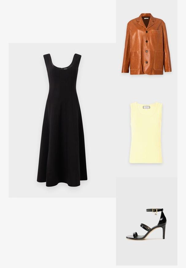 Veste en cuir marron avec un col cranté, des boutons sur le devant, deux grandes poches à patch et une petite poche sur la poitrine. Texture lisse avec un léger éclat.; Débardeur jaune côtelé avec un col rond, des bords festonnés et un petit logo en relief au centre. Fabriqué en tissu doux, à manches courtes.; Robe noire avec un décolleté rond, sans manches et une silhouette évasée en A. Présente des coutures verticales pour plus de structure.; Sandale en cuir verni noir avec trois brides, boucle de cheville et talon aiguille de 10 cm. Présente un détail en métal doré et un charm logo.; Sac en cuir marron à bandoulière avec un rabat incurvé, des embellissements en or, et un logo décoratif. La sangle est ajustable et présente une texture lisse.