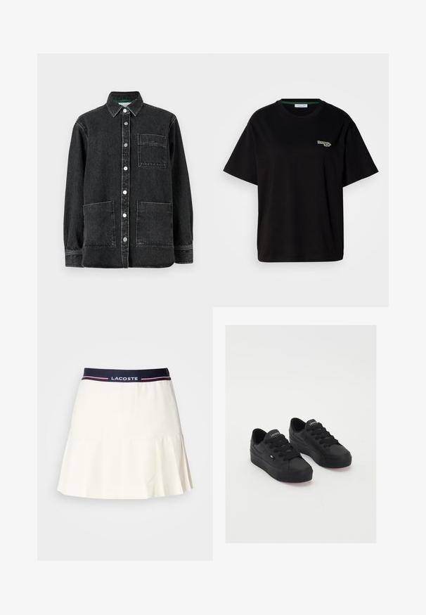 Veste en denim noir avec col, fermeture à boutons sur le devant, deux grandes poches et un petit logo brodé sur la poche de poitrine.; T-shirt en coton noir à manches courtes, avec un petit accent logo vert sur la poitrine gauche. Encolure ronde classique, coupe décontractée.; Jupe plissée blanche avec une ceinture marine arborant un logo Lacoste et des accents rouges. Fabriquée dans un matériau lisse et doux.; Baskets basses noires en matériau lisse, avec des lacets épais, une semelle texturée et un petit logo sur le côté et la languette.