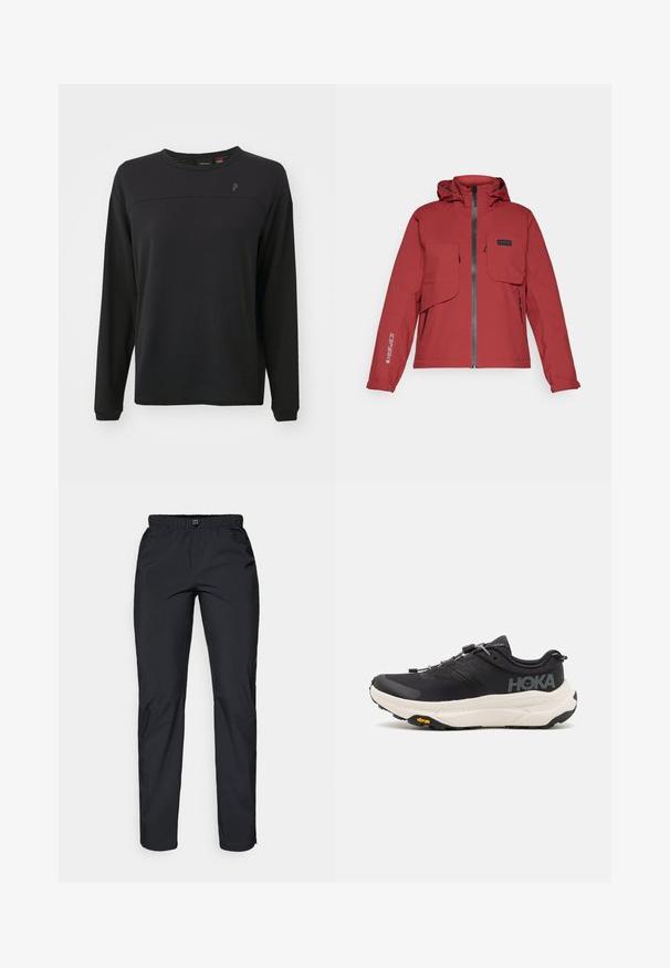 Red waterproof jacket featuring a zip closure, adjustable hood, two front pockets, and a logo detail on the left sleeve. Smooth texture.; Black long-sleeve shirt with textured fabric, round neck, and a subtle logo on the chest. Features a relaxed fit and stitched detailing.; Black, lightweight, water-resistant pants with an elastic waistband and two side pockets; smooth texture; straight-leg design.; Black athletic shoes with a breathable mesh upper, rubber outsole, white cushioning midsole, and reflective laces. Vibram logo on outsole.
