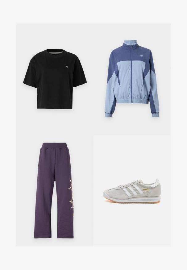 Modrá a svetlomodrá vetrovka s stojatým golierom, elastickými manžetami a logom na hornej ľavej strane. Ľahký materiál.; Čierne skrátené tričko z bavlny, s krátkymi rukávmi, okrúhlym výstrihom a malým bielym logom na ľavej hrudi.; Fialové tepláky s elastickým pásom, bočnými vreckami a zlatým grafickým dizajnom na ľavej nohe. Mäkký materiál s voľným strihom.; Svetlosivé tenisky vyrobené z kože a sieťoviny, s tromi bielymi pruhmi, okrúhlou špičkou a gumovou podrážkou. Zlatý logový akcent pri šnúrkach.