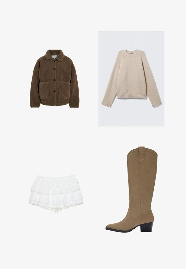 VILA GEKNÖPFTE TEDDY - Giacca in pile - fossil; Maglione beige a maglia con maniche lunghe a raglan e polsini e orlo a coste, steso su uno sfondo chiaro.; Pantaloni corti bianchi con tre strati arricciati, realizzati in un tessuto leggero con dettagli in eyelet. Vita elastica, bordi a onde.; Stivali in suede color cammello al ginocchio con punta a punta, tacco impilato e dettaglio di cuciture lungo i lati. Texture liscia e design strutturato.