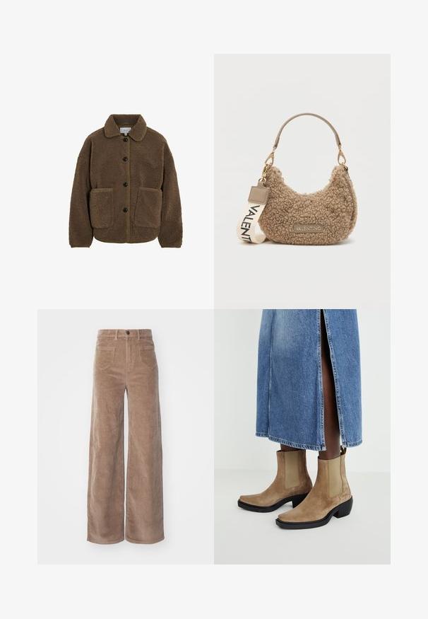 VILA GEKNÖPFTE TEDDY - Fleecejakke - fossil; Beige strikkegenser med lange raglanermene og ribbestrikkede mansjetter og kant, lagt flatt på en lys bakgrunn.; ONLY HOPE GLOBAL HW EBBA POCKETS - Bukse - fossil; Beige ankelstøvler i ruskind med elastiske sideskånd og en sort blokhælhøjde. Båret med en lyseblå denimnederdel med en sideslids.; Brun strukturert håndveske laget av plushmateriale, med en buet form, en kort håndtak og en avtagbar stropp med "VALENTINO" trykket på.