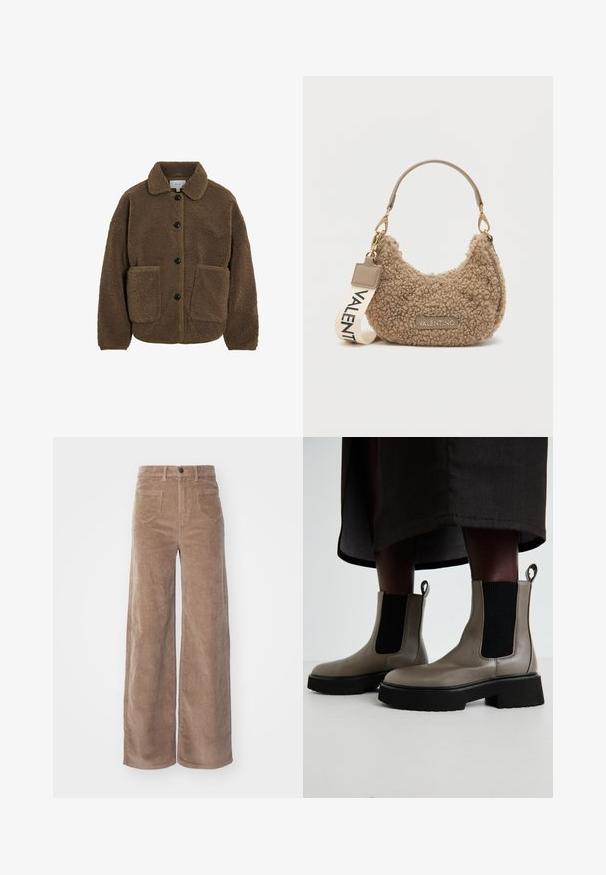 VILA - Kurtka z polaru; Beżowy sweter dzianinowy z długimi rękawami raglanowymi oraz ściągaczami na mankietach i dole, ułożony na jasnym tle.; ONLY - Spodnie materiałowe; Szare botki za kostkę wykonane z teksturowanej skóry, z elastycznymi bocznymi panelami i masywną czarną podeszwą. Posiadają pętelki do łatwego zakładania.; Brączowa, teksturowana torebka wykonana z pluszowego materiału, o zaokrąglonym kształcie, z krótkim uchwytem i odpinanym paskiem z nadrukiem "VALENTINO".