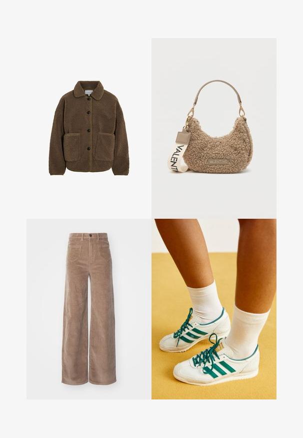 VILA GEKNÖPFTE TEDDY - Flísová bunda - fossil; Béžový pletený sveter s dlhými raglánovými rukávmi a rebrovanými manžetami a lemom, položený na svetlom pozadí.; ONLY HOPE GLOBAL HW EBBA POCKETS - Nohavice - fossil; Biele tenisky s zelenými pruhmi a šnúrkami, s textúrovanou špičkou a polstrovaným golierom, v kombinácii s bielymi členkovými ponožkami na žltom povrchu.; Hnedá textúrovaná kabelka vyrobená z plyšového materiálu, s zahnutým tvarom, krátkym držadlom a odnímateľným popruhom s potlačou "VALENTINO".