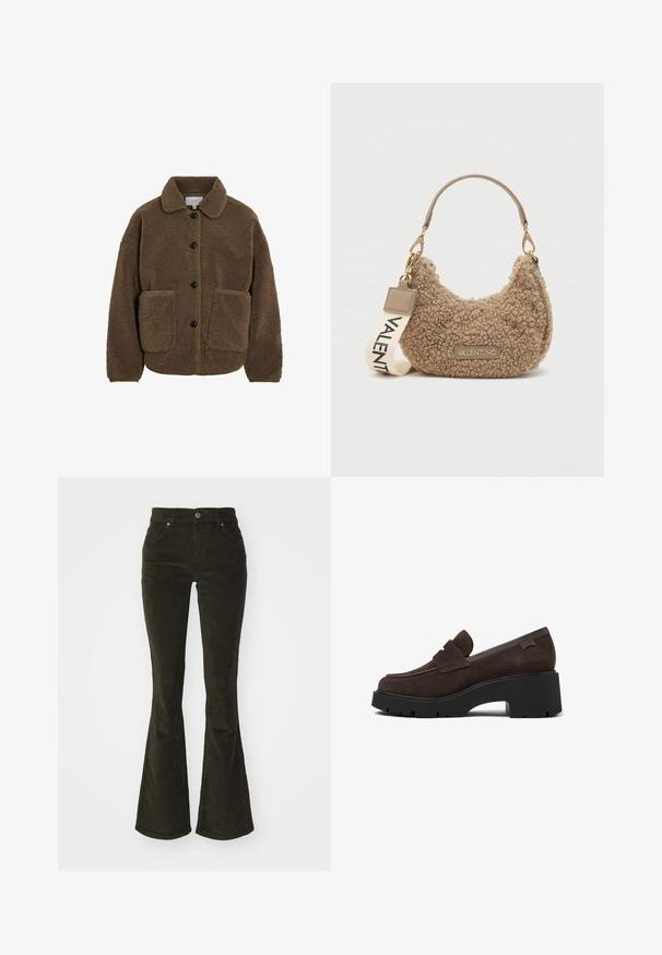VILA GEKNÖPFTE TEDDY - Giacca in pile - fossil; Maglione beige a maglia con maniche lunghe a raglan e polsini e orlo a coste, steso su uno sfondo chiaro.; Pantaloni in velluto a coste svasati di colore verde scuro. Presentano tasche anteriori, chiusura con bottone e un tessuto morbido e testurizzato con motivo a coste.; Mocassini in camoscio marrone con una suola piatta e rigida nera, caratterizzati da una punta arrotondata e una fascia decorativa sulla parte superiore.; Borsa a tracolla marrone in materiale soffice, con una forma curvata, un manico corto e una tracolla removibile con la scritta "VALENTINO".