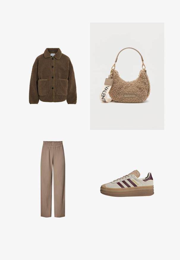 VILA GEKNÖPFTE TEDDY - Fleecejacke - fossil; Beige Strickpullover mit langen Raglanärmeln und gerippten Bündchen und Saum, flach auf einem hellen Hintergrund ausgelegt.; Plissierte, weit geschnittene Hosen aus einem hellbraunen Stoff mit elastischem Bund, die vertikale Streifen für zusätzliche Textur und Design aufweisen.; Beige Wildledersneaker mit maroonfarbenen Streifen, weißen Akzenten, einer klobigen, transparenten Sohle und hervorgehobenem Branding an der Seite. Schnürdesign.; Braune, strukturierte Handtasche aus weichem Material, mit einer geschwungenen Form, einem kurzen Griff und einem abnehmbaren Riemen mit dem Aufdruck "VALENTINO".