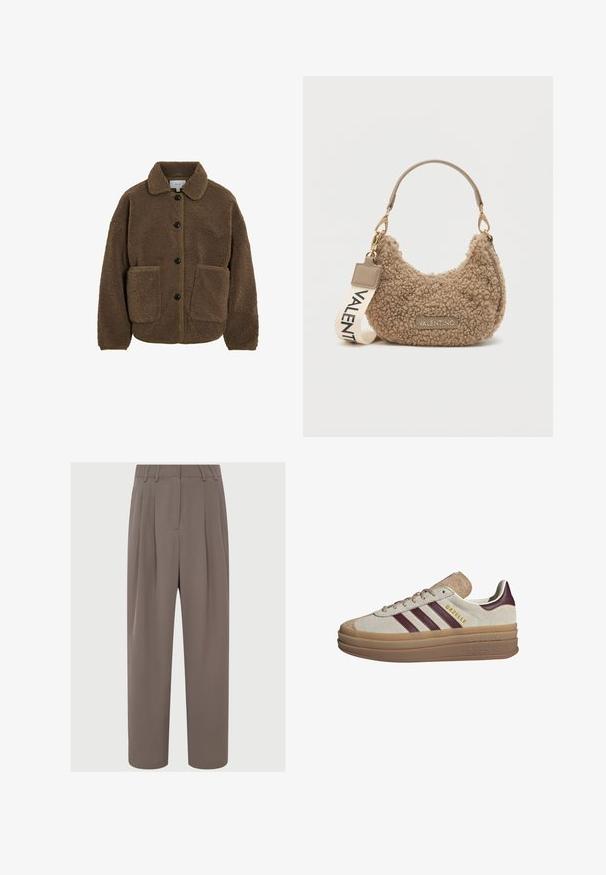 VILA GEKNÖPFTE TEDDY - Flīsa jaka - fossil; Bēša adīta džemperis ar garām raglanu piedurknēm un ribinātām aprocēm un apakšmalu, nolikts uz gaiša fona.; Brūni plīvēti bikses ar augstu vidukli, gludu audumu, platām kājām un sānu kabatām, ar gludu, vieglu tekstūru.; Beige zamšādas sporta apavi ar bordo svītrām, baltām akcentēm, masīvu caurspīdīgu zoli un paceltu zīmolu sānos. Šņorēšanas dizains.; Brūna teksturēta rokassoma, kas izgatavota no mīksta materiāla, ar izliekštu formu, īsu rokturi un noņemamu siksnu, uz kuras ir uzdrukāts "VALENTINO".