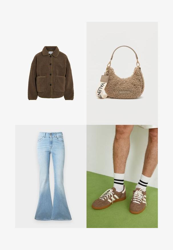 VILA GEKNÖPFTE TEDDY - Flīsa jaka - fossil; Bēša adīta džemperis ar garām raglanu piedurknēm un ribinātām aprocēm un apakšmalu, nolikts uz gaiša fona.; Gai zili džinsi ar platām piegriezuma kājām, izgatavoti no denima. Iebūvēta augsta josta ar divām pogām un nelielu izbalējumu pie apakšmalas. Klasiska piecu kabatu dizains.; Brūni zamša sporta apavi ar baltām akcentu un auklām. Kaučuka zole. Nēsāti ar baltām zeķēm, kurām ir melnas svītras. Zaļa struktūrēta grīda.; Brūna teksturēta rokassoma, kas izgatavota no mīksta materiāla, ar izliekštu formu, īsu rokturi un noņemamu siksnu, uz kuras ir uzdrukāts "VALENTINO".