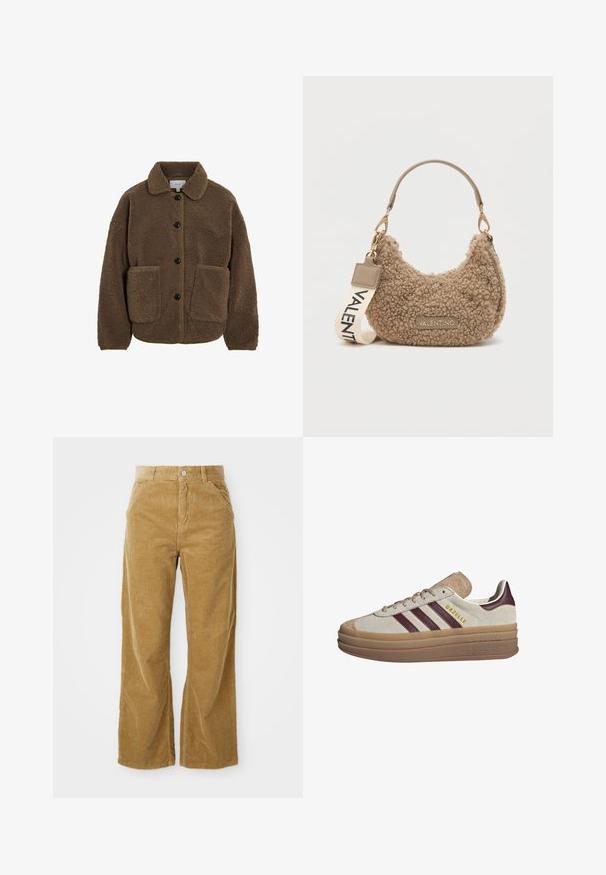 VILA GEKNÖPFTE TEDDY - Veste polaire - fossil; Pull en maille beige avec de longues manches raglan et des poignets et un ourlet côtelés, posé à plat sur un fond clair.; Pantalons large en velours côtelé marron clair, présentant un motif côtelé texturé, cinq poches et un bouton de fermeture à la taille.; Baskets en suède beige avec des rayures bordeaux, des accents blancs, une semelle translucide épaisse et un logo en relief sur le côté. Design à lacets.; Sac à main en cuir brun texturé, fabriqué en matériau en peluche, avec une forme incurvée, une courte poignée et une bandoulière amovible avec "VALENTINO" imprimé.