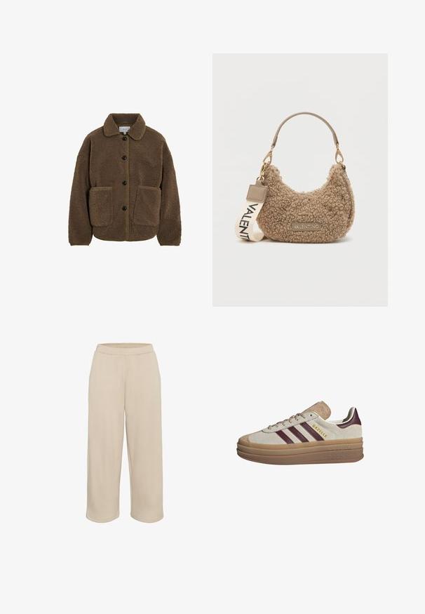 VILA GEKNÖPFTE TEDDY - Fleece jacket - fossil; Beige knit sweater with long raglan sleeves and ribbed cuffs and hem, laid flat on a light background.; Kaffe CROPPED - Tracksuit bottoms - feather gray; Beige suede sneakers with maroon stripes, white accents, a chunky translucent sole, and raised branding on the side. Laced design.; Brown textured handbag made of plush material, featuring a curved shape, a short handle, and a removable strap with "VALENTINO" printed.
