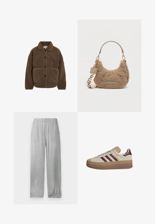 VILA GEKNÖPFTE TEDDY - Polárdzseki - fossil; Beige kötött pulóver hosszú raglán ujjal, bordás mandzsettával és alsó résszel, világos háttéren kifektetve.; Világosszürke, gumis derékpántos nadrág finom, egész felületén fehér virágmintával, egyenes, bő szabással és felhajtott szegéllyel.; Sandy bézszuéd sneaker fehér akcentusokkal és bordó csíkokkal, vastag áttetsző talppal és kiemelkedő logóval az oldalon. Fűzős kialakítás.; Barna, plüss anyagból készült, textúrált kézitáska, ívelt formával, rövid fogantyúval és levehető pánttal, amelyen a "VALENTINO" felirat található.