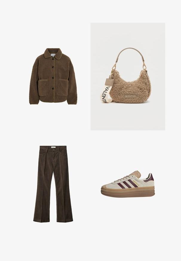 VILA GEKNÖPFTE TEDDY - Fleecová bunda - fossil; Béžový pletený svetr s dlouhými raglánovými rukávy a žebrovanými manžetami a lemem, položený na světlém pozadí.; Hnědé kordové zvonové kalhoty s hladkým povrchem, které mají pět kapes, zapínání na knoflík a poutka na opasek.; Béžové semišové tenisky s kaštanovými pruhy, bílými akcenty, robustní průhlednou podrážkou a vyvýšeným logem na boku. Šněrovací design.; Hnědá texturovaná kabelka vyrobená z plyšového materiálu, se zakřiveným tvarem, krátkým uchem a odnímatelným popruhem s nápisem "VALENTINO".