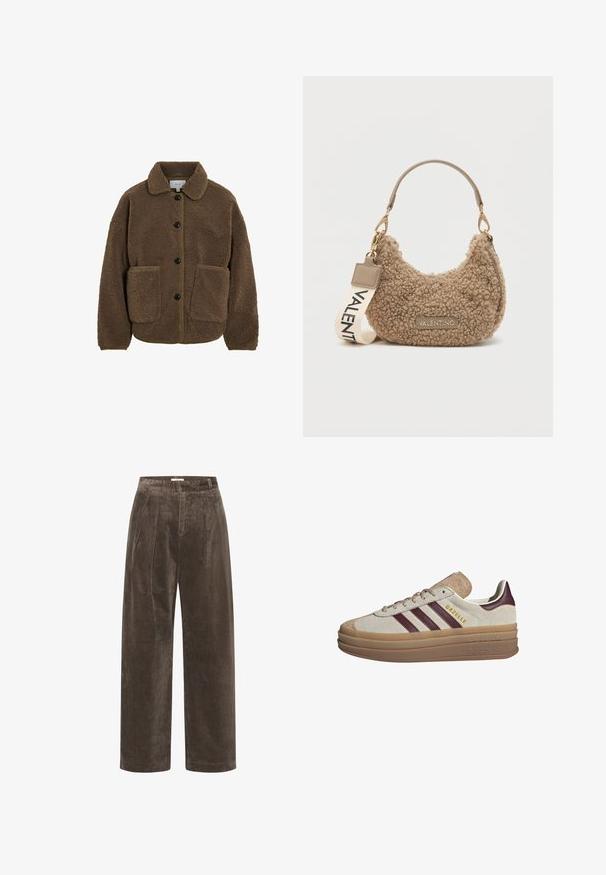 VILA GEKNÖPFTE TEDDY - Fleecetakki - fossil; Vaalean beige neulepaita, jossa on longsammarat ja ribbireunat hihansuissa ja helmoissa, asetettuna tasaisesti vaalealle taustalle.; Kahvia vaaleanruskeat samettiset leveälahkeiset housut, joissa on pleateja, pehmeä tekstuuri ja keskilinjainen vyötärö. Helmassa on siistit ja suorat viimeistelyt.; Beige mokkasiner med maroonstriper, hvite detaljer, en tykk gjennomsiktig såle og hevet merkevare på siden. Snøredesign.; Ruskea teksturoitu käsilaukku, joka on valmistettu pehmeästä materiaalista. Sissä on kaareva muoto, lyhyt kahva ja irrotettava hihna, jossa on painettuna "VALENTINO".