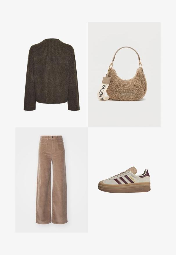 VILA GEKNÖPFTE TEDDY - Flīsa jaka - fossil; Pieces Džemperis - morel; ONLY HOPE GLOBAL HW EBBA POCKETS - Auduma bikses - fossil; Beige zamšādas sporta apavi ar bordo svītrām, baltām akcentēm, masīvu caurspīdīgu zoli un paceltu zīmolu sānos. Šņorēšanas dizains.; Brūna teksturēta rokassoma, kas izgatavota no mīksta materiāla, ar izliekštu formu, īsu rokturi un noņemamu siksnu, uz kuras ir uzdrukāts "VALENTINO".