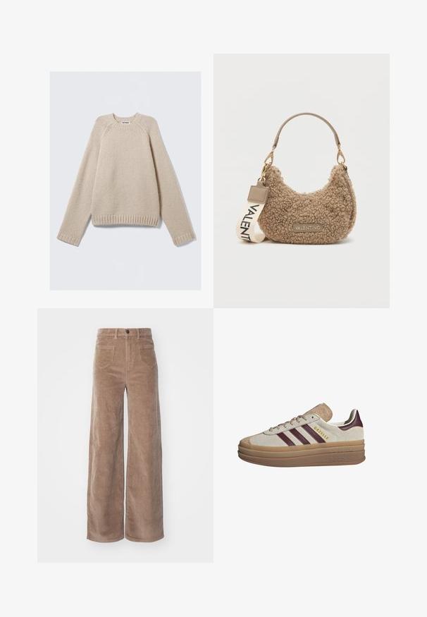 VILA GEKNÖPFTE TEDDY - Forro polar - fossil; Suéter de punto beige con mangas raglán largas y puños y dobladillo acanalados, colocado plano sobre un fondo claro.; ONLY HOPE GLOBAL HW EBBA POCKETS - Pantalones - fossil; Zapatillas de ante beige con rayas burdeos, detalles blancos, una suela gruesa y translúcida, y un logo elevado en el lateral. Diseño con cordones.; Bolso texturizado marrón hecho de material de terciopelo, con forma curva, un asa corta y una correa removible con "VALENTINO" impreso.