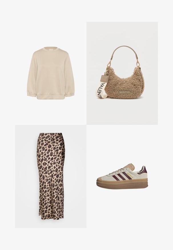 VILA GEKNÖPFTE TEDDY - Flisinė striukė - fossil; Kaffe KASIF - Sportinis megztinis - feather gray; Leopardų rašto midi sijonas, pagamintas iš lygios satino medžiagos. Talpina prigludusią siluetą su nedideliu plyšiu apatinėje dalyje judėjimui. Neutralios smėlio ir rudos spalvos.; Bežiniai zamšiniai sportbačiai su bordo juostelėmis, baltais akcentais, masyviu permatomu padu ir pakeltu logotipu šone. Su raištelių dizainu.; Ruda tekstūru turinti rankinė, pagaminta iš pūkuotos medžiagos, su kreiviu siluetu, trumpa rankena ir nuimama juosta su užrašu "VALENTINO".