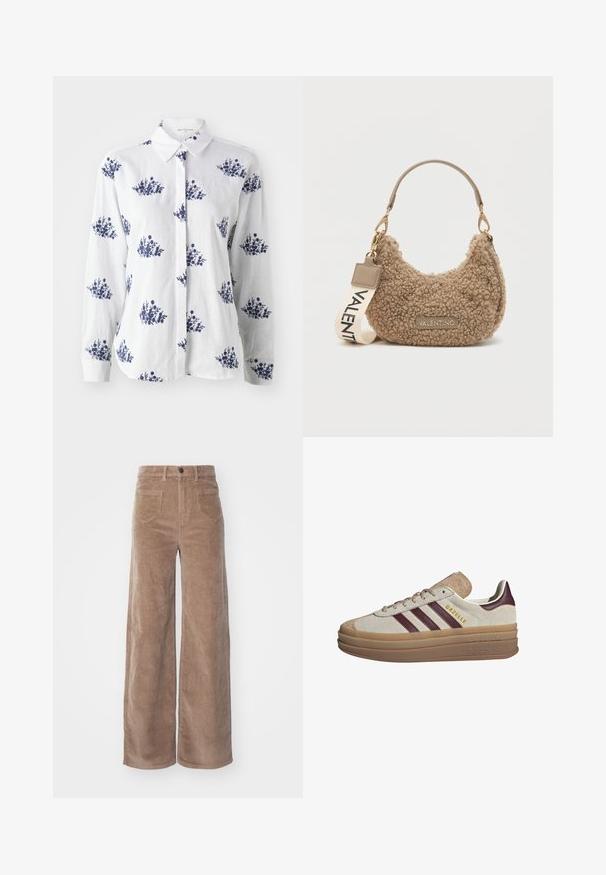 VILA GEKNÖPFTE TEDDY - Jakna od flisa - fossil; Bijela lanena košulja s plavim cvjetnim uzorkom, dugmadi sprijeda, klasičnim ovratnikom, dugim rukavima i manžetama.; ONLY HOPE GLOBAL HW EBBA POCKETS - Hlače - fossil; Bež antilop tenisice s maroon prugama, bijelim akcentima, debelim prozirnim potplatom i uzdignutim logotipom s strane. Dizajn sa vezicama.; Smeđa torba s teksturom izrađena od plišane tkanine, s izdubljenim oblikom, kratkom drškom i uklonjivim remenom s natpisom "VALENTINO".