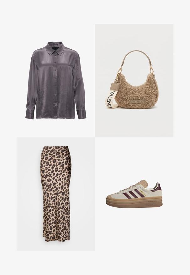 VILA GEKNÖPFTE TEDDY - Giacca in pile - fossil; Camicia a maniche lunghe in un grigio intenso, realizzata in tessuto morbido e lucido. Caratterizzata da un colletto classico e una chiusura con bottoni frontale, con polsini alle maniche.; Gonna midi a stampa leopardo in morbido tessuto satinato. Presenta una silhouette aderente con una leggera apertura all'orlo per il movimento. Colori beige e marrone neutri.; Sneakers in suede beige con strisce bordeaux, dettagli bianchi, una suola traslucida spessa e un logo in rilievo sul lato. Design con lacci.; Borsa a tracolla marrone in materiale soffice, con una forma curvata, un manico corto e una tracolla removibile con la scritta "VALENTINO".