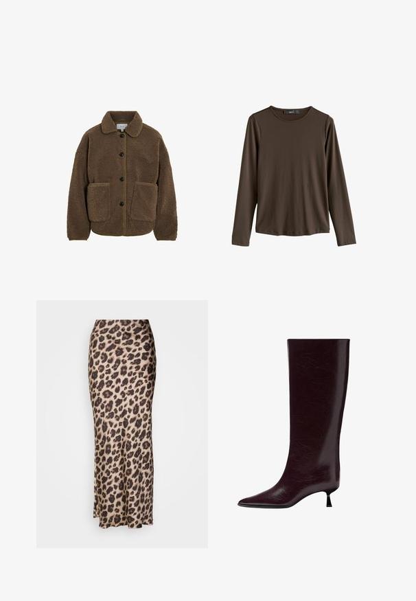 VILA GEKNÖPFTE TEDDY - Giacca in pile - fossil; Camicia marrone a maniche lunghe realizzata in un tessuto morbido. Presenta un collo rotondo e un orlo dritto, senza motivi o dettagli visibili.; Gonna midi a stampa leopardo in morbido tessuto satinato. Presenta una silhouette aderente con una leggera apertura all'orlo per il movimento. Colori beige e marrone neutri.; Stivale in pelle bordeaux al ginocchio con una finitura liscia e texturizzata, punta affusolata e un tacco sottile e impilato per un'elevazione aggiuntiva.