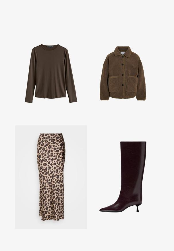 VILA GEKNÖPFTE TEDDY - Fleece jacket - fossil; Brown long-sleeve shirt made from smooth fabric. Features a round neckline and straight hem, with no visible patterns or accents.; Leopard print midi skirt in smooth satin fabric. Features a fitted silhouette with a slight slit at the hem for movement. Neutral beige and brown.; Knee-high burgundy leather boot with a sleek, textured finish, pointed toe, and a thin, stacked heel for added elevation.