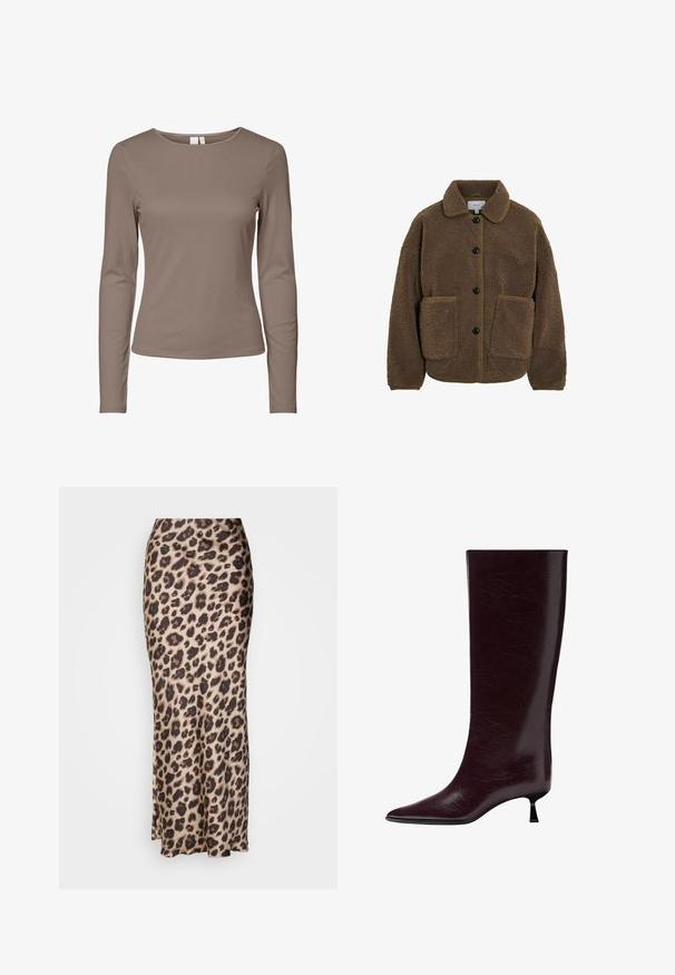 VILA GEKNÖPFTE TEDDY - Jakna od flisa - fossil; Majica dugih rukava, uskog kroja, u dimnjaku boji s jednostavnim dizajnom i rebrastom teksturom.; Suknja midi duljine u leopard uzorku od glatkog satena. Ima prilagođeni kroj s malim prorezom na rubu za lakše kretanje. Neutralne bež i smeđe boje.; Čizmice od bordo kože do koljena s glatkom, teksturiranom završnom obradom, šiljastim nožnim dijelom i tankim, složenim potplatom za dodatnu visinu.