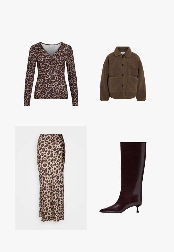 VILA GEKNÖPFTE TEDDY - Flísová bunda - fossil; Dlhý rukáv top s leopardím vzorom a výstrihom do V, s nariasením v strede, vyrobený z mäkkého, elastického materiálu.; Midi sukňa s leopardím vzorom vyrobená z hladkého saténového materiálu. Má priliehavý strih s jemným rozparkom na leme pre lepší pohyb. Neutrálna béžová a hnedá farba.; Knee-high bordové kožené čižmy s hladkým, textúrovaným povrchom, špicatou špičkou a tenkým, vrstveným podpätkom pre dodatočné zvýšenie.