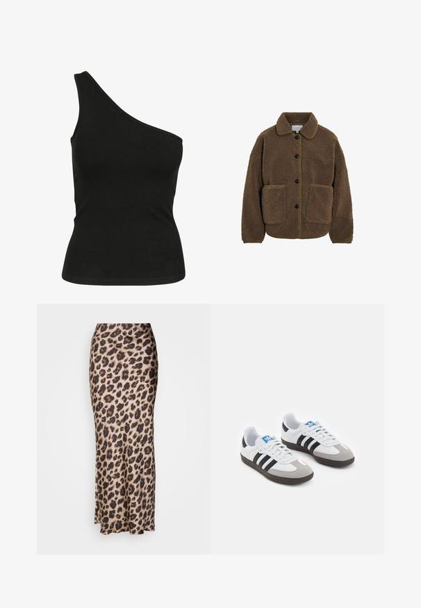 VILA GEKNÖPFTE TEDDY - Giacca in pile - fossil; Canotta nera a spalla scoperta realizzata in tessuto morbido, con una silhouette aderente e un colletto rifinito e cucito. Nessun motivo o accentuazione visibile.; Gonna midi a stampa leopardo in morbido tessuto satinato. Presenta una silhouette aderente con una leggera apertura all'orlo per il movimento. Colori beige e marrone neutri.; Scarpe sportive con tomaia in pelle bianca, punta in suede grigia e tre strisce nere. Presentano un logo blu sulla linguetta e una suola in gomma testurizzata.
