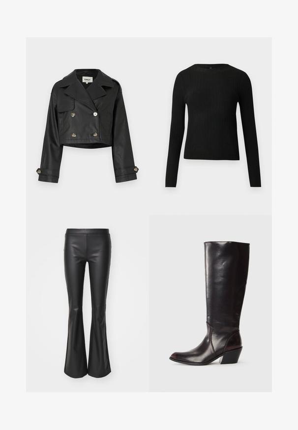 Črna skrajšana usnjena jakna z dvojno zapenjanje, metalnimi gumbi, velikimi ovratniki in zavihanimi rokavi. Gladka tekstura.; Črna rebrasta dolgosleeve prilegnjena pulover s krožnim ovratnikom, prikazan na enostavni svetli podlagi.; Črne faux usnjene hlače raztrganega kroja z gladko teksturo in elastičnim pasom; oprijete do stegna, nato pa se na dnu razširijo.; Čizmice iz temno rjave usnje, do kolen, z ostrim nosom, pravokotnim blokastim petam in gladko, sijočo teksturo. Imajo čist dizajn in podrobnosti šivanja.