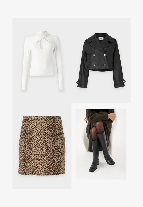 Melnā ādas jaka līdz viduklim ar dubulto pogu slēgšanu, metāla pogām, lielām uzskaitēm un uzrullējamiem piedurkņu galiem. Gluda tekstūra.; Balts garām piedurknēm tops, kas izgatavots no mīksta auduma, ar savītu kakla izgriezumu un atslēgas caurumu priekšpusē. Gluda faktūra, piekļuves dizains.; Leoparda raksta mini svārki ar piegulošu dizainu un gludu tekstūru, gaiši brūnā fona un melniem plankumiem. Apakšmalas ir kārtīgas un neizpušķotas.; Ceļgalu augstuma melni ādas zābaki ar kvadrātu purngalu un bloku papēdi, attēloti modelī, kurš sēž olīvu zaļā mētelī. Gluda tekstūra, minimāla apdare.