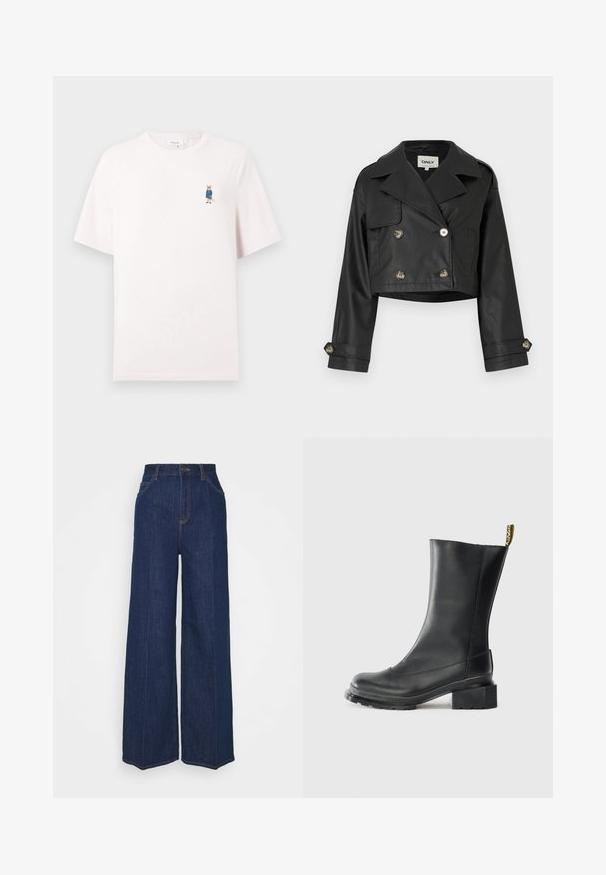 Černá zkrácená kožená bunda s dvojitým zapínáním, kovovými knoflíky, velkými klopami a ohrnovacími rukávy. Hladká textura.; Světle růžové bavlněné tričko s krátkým rukávem a kulatým výstřihem. Na hrudi má vyšívanou karikaturu lišky v modro-kostkovaném oblečení.; Široké tmavě modré džíny s vysokým pasem, předními a zadními kapsami, zapínáním na knoflík a viditelnými švy.; Černá kožená kotníková bota s blokovým podpatkem, hladkým povrchem, zaoblenou špičkou a poutkem na patě s žlutým brandingem.