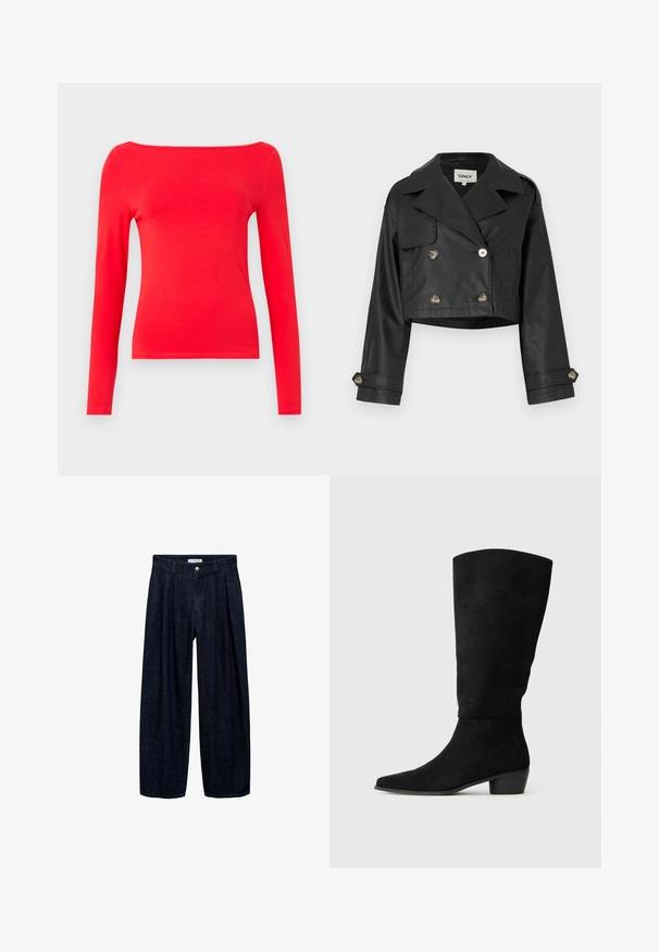 Černá zkrácená kožená bunda s dvojitým zapínáním, kovovými knoflíky, velkými klopami a ohrnovacími rukávy. Hladká textura.; Červený dlouhý rukáv top s lodním výstřihem, vyrobený z hladké bavlněné látky. Jednoduchý design, přiléhavý střih a jednobarevný bez vzorů.; Tmavě modré rozšířené kalhoty z denimu s přehyby v pase, vybavené předním knoflíkem a poutky na opasek. Hladká textura a design v plné délce.; Černé semišové vysoké kozačky po kolena s nízkým blokovým podpatkem a špičatou špičkou, zobrazené ve bočním pohledu na světlém šedém pozadí.