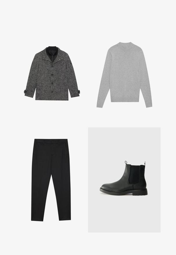 Meeste hall herringbone-mustriga mantel, millel on nööbid ees, ribatud krae, litsumisega sisemine kiht ja nööpidega mansetid, lamab valgel taustal.; Heled hall sweater pikkade varrukatega ja ümarate kaelustega, ribadest krae, varrukaotsad ja alumine äär, asetatud tasasele valgele taustale.; Pier One Chino-püksid - black; Mustad mustad Chelsea saapad elastsete külgpaneelidega, tõmbevalmidus, ümara ninaga ja tekstureeritud kummitald. Sile pind ja vastupidav disain.