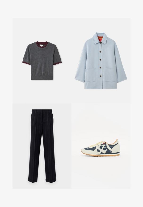 Lichtblauwe wollen mixjas met een kraag, vijf knopen, twee voorzakken en een rode voering met het merklabel.; Grijze short-sleeve trui met een bordeauxrode geribbelde kraag en mouwen; gemaakt van zachte stof met een aansluitende pasvorm en lichte textuur.; Zwarte broek met streepjes in een getailleerde pasvorm, voorzien van een omgeslagen zoom en voorplooien. Gemaakt van een gladde stof met een gestructureerd ontwerp.; Sneaker met een mix van crème, marineblauw en suède materialen, vetersluiting, diagonale stiksels en een rubberen zool met grip.