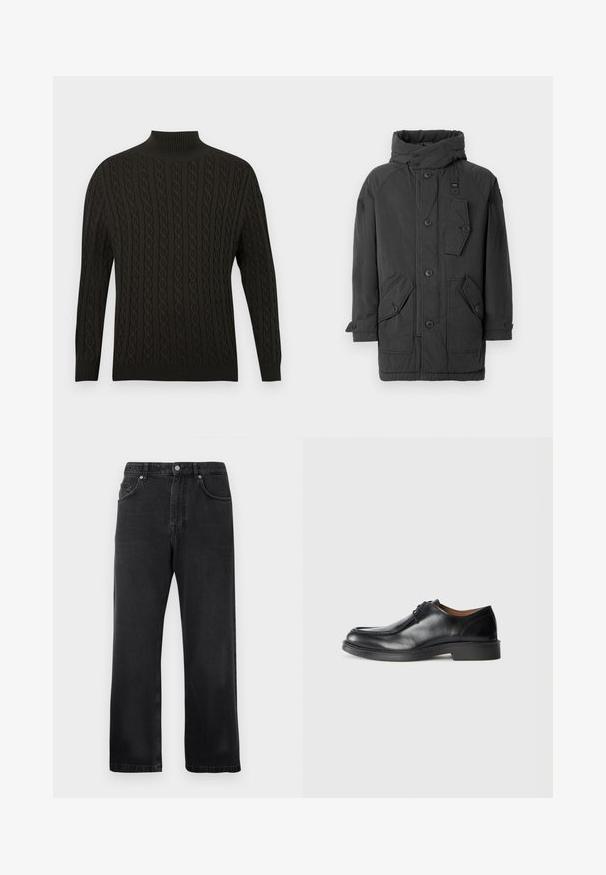 Dark gray parka with a high collar, buttoned front, multiple pockets, and a textured finish. Features a detachable hood and adjustable cuffs.; Black knitted sweater featuring a high turtle neck, textured cable design, long sleeves, and ribbed cuffs and hem.; Black straight-leg jeans with front pockets, belt loops, and a button closure on a white background.; Black leather dress shoe with a rounded toe, smooth surface, lace accents, and a low, textured rubber sole. Clean lines and minimal design.