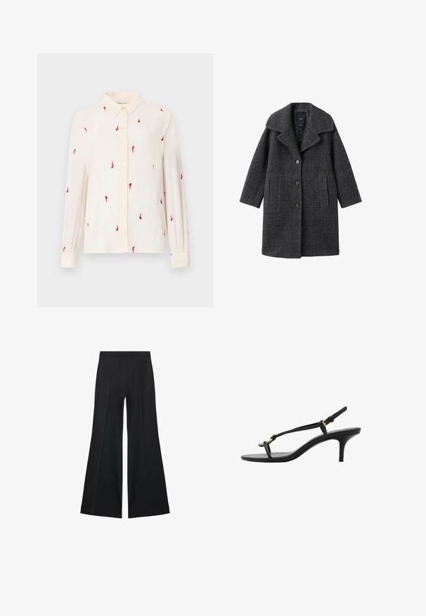 Palton din lână cu carouri gri, cu guler lat, buzunare frontale și închidere cu butoane. Designul are o siluetă structurată și țesătură texturată.; Cămașă lungă cu mânecă, de culoare bej deschis, cu guler tip button-down, decorată cu broderie roșie în formă de păsări pe întreaga suprafață și închideri cu nasturi pe față și pe manșete.; Pantaloni negri cu croială largă, având o textură netedă, cu pliseuri frontale și un design croit. Materialul este ușor și fluid.; Sandal cu toc kitten din piele neagră, cu curele subțiri, cataramă aurie și buclă minimalistă pentru degetele de la picioare, pe un fundal alb.