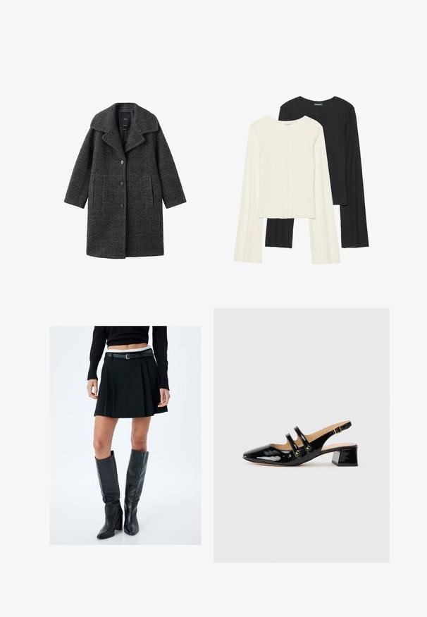 Abrigo de lana a cuadros grises con un amplio collar, bolsillos delanteros y cierre de botones. El diseño presenta una silueta estructurada y una tela texturizada.; Conjunto de dos camisetas de manga larga en blanco y negro. Textura acanalada, cuello redondo, diseño ajustado con mangas ligeramente acampanadas.; Falda negra plisada con cintura ajustada y lazos para cinturón, combinada con botas de cuero negro hasta la rodilla con tacón bloque.; Zapato de charol negro tipo slingback con punta puntiaguda, detalle de dos correas, acentos circulares dorados y un tacón bajo tipo bloque.