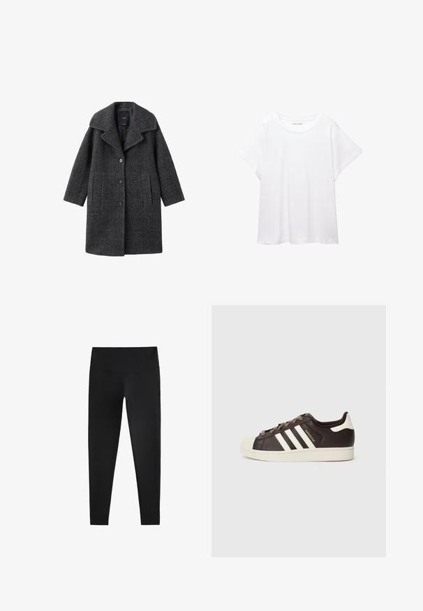 Palton din lână cu carouri gri, cu guler lat, buzunare frontale și închidere cu butoane. Designul are o siluetă structurată și țesătură texturată.; Tricou alb dintr-un material moale și ușor. Prezintă un decolteu rotund și mâneci scurte, largi, cu un croi lejer. Fără modele vizibile.; Leggings negre realizate dintr-un material elastic, dotate cu un talie înaltă și o textură netedă, concepute pentru confort și flexibilitate.; Pantof sport Adidas Superstar cu model slip-on, din piele maro închis, cu vârf shell crem, dungi albe și inscripția „Superstar” pe lateral.