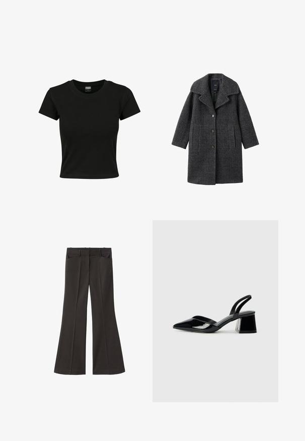 Gray plaid wool coat with a wide collar, front pockets, and button closure. The design features a structured silhouette and textured fabric.; Black short-sleeve t-shirt made of smooth cotton material, featuring a round neckline and a fitted shape. No visible patterns or accents.; Black flared trousers with a high waist; features two front pockets and a smooth fabric texture. Suitable for various occasions.; Black patent leather slingback heels with a pointed toe and a geometric block heel. Features a sleek, minimal design and smooth texture.