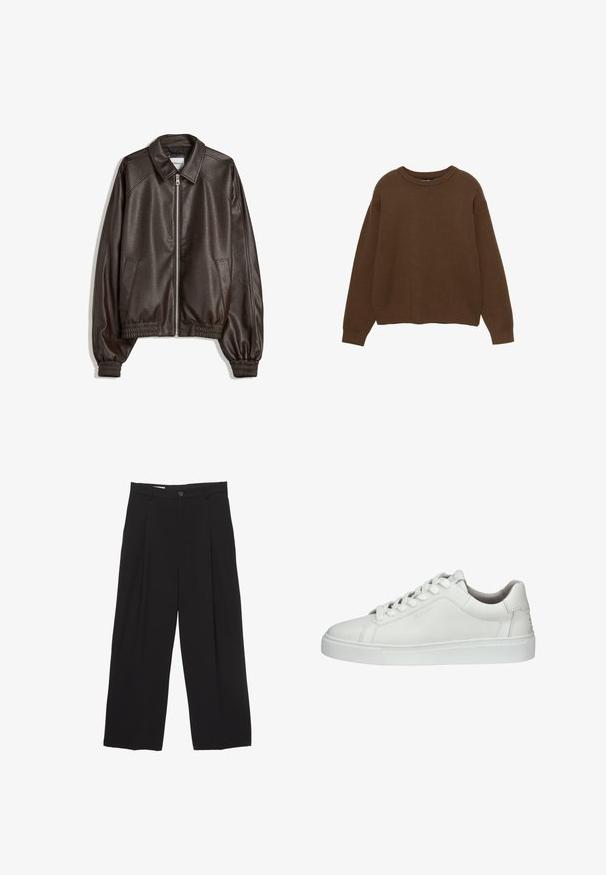 Bruine leren bomberjack met een kraaghals, ritssluiting, geribbelde boorden en een gestructureerde afwerking. Bevat zijzakken.; Bruine gebreide trui met een ronde halslijn, lange mouwen en een ontspannen pasvorm. Soepele textuur met geribde manchetten en zoom.; Zwarte wijde broek gemaakt van gladde stof, met een platte tailleband, voorplooien en een enkele knoopsluiting.; Witte leren sneaker met ronde neus, vetersluiting, gepolsterde kraag, geprofileerde rubberen zool en reliëf logo detail aan de zijkant.