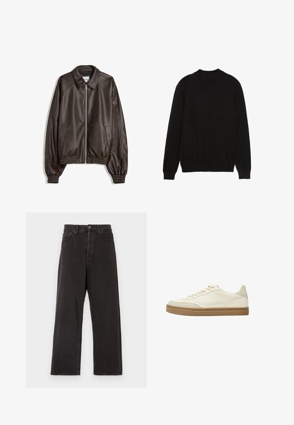 Braune Lederbomberjacke mit einem Kragen, Reißverschluss, gerippten Bündchen und einer strukturierten Oberfläche. Verfügt über Seitentaschen.; Schwarzer Strickpullover mit hohem Kragen, langen Ärmeln sowie gerippten Bündchen und Saum; glatte Textur, klassischer Schnitt und einfarbiges Design.; Schwarze Schlagjeans aus Denim, mit einem Knopf- und Reißverschluss, Gürtelschlaufen und Seitentaschen mit einer dezenten Textur.; Weißes Leder-Sneaker-Modell mit beigen Akzenten und einer strukturierten Gummisohle. Verfügt über eine tonal abgestimmte Nähte und ein rundes Zehendesign.