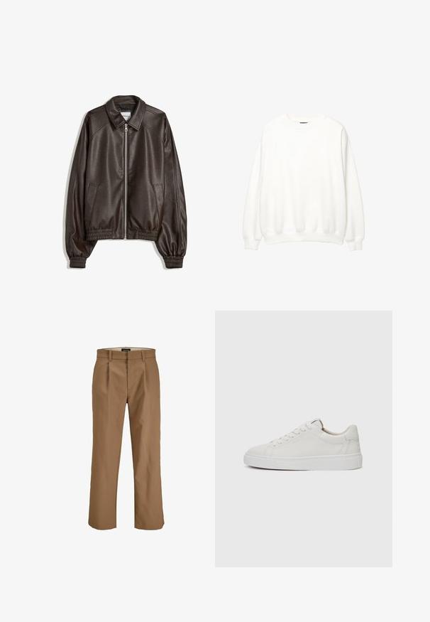 Veste bomber en cuir marron avec un col, fermeture éclair, poignets côtelés et une finition texturée. Dispose de poches latérales.; Sweatshirt blanc, col ras du cou, manches longues, coupe décontractée. Tissu doux avec des poignets et un ourlet côtelés. Design minimaliste, sans logos ni motifs visibles.; Pantalon marron en tissu lisse, avec une coupe droite, des plis à l'avant et des passants de ceinture. Pas de motifs ni d'accents visibles.; Baskets blanches en cuir, à tige basse, avec un bout rond, une semelle en caoutchouc blanc plate et des détails de couture minimalistes. Lacets maintenus par six œillets.